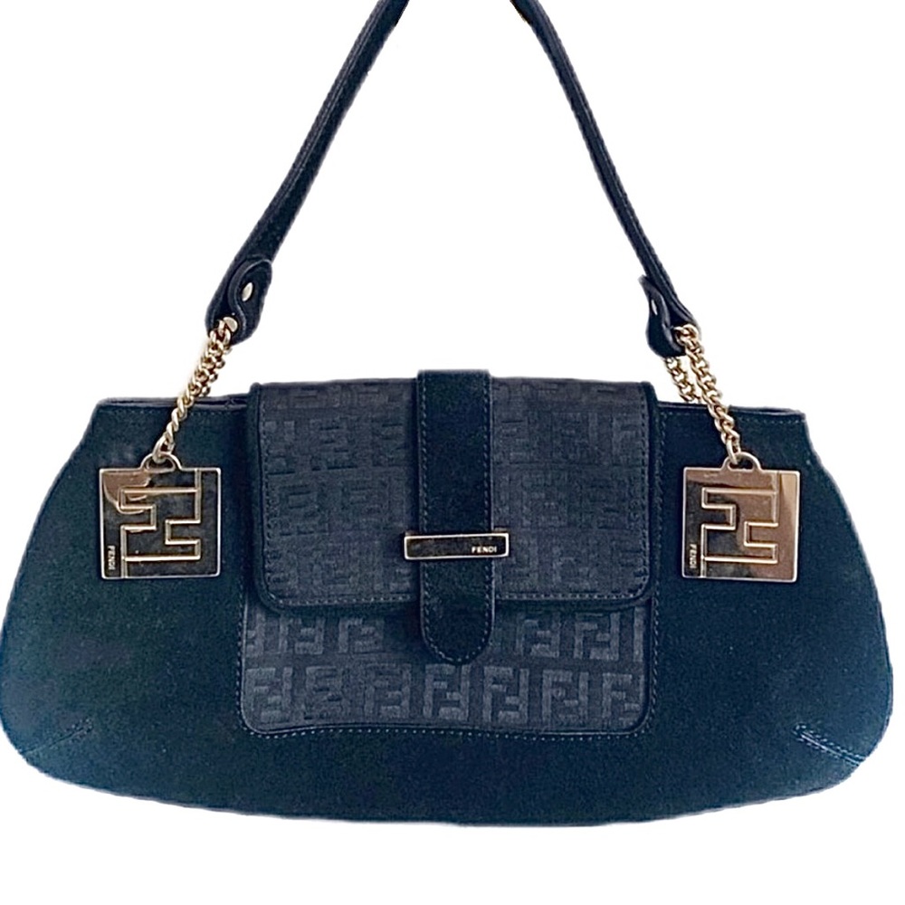 FENDI FF Monogram Black Suede and Canvas Handbag Evening Bag